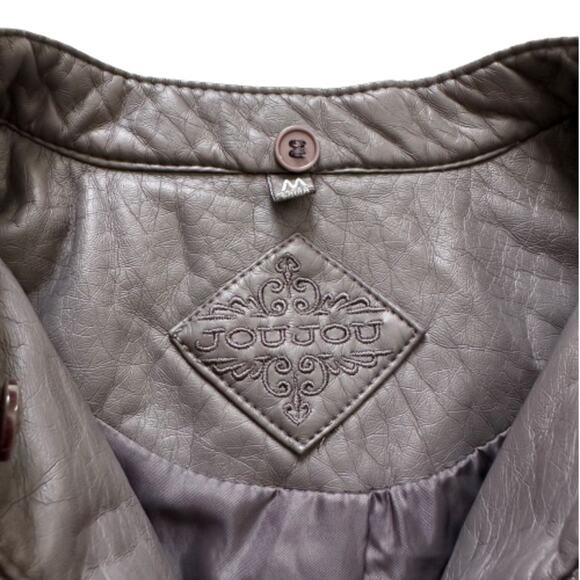 Jou Jou Gray Faux Leather Detachable Hood Fitted Pockets Moto Jacket Coat Medium - Picture 3 of 14